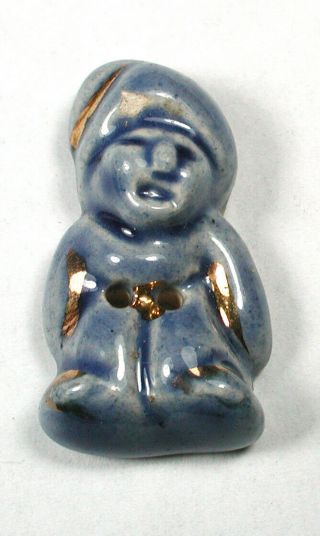 Vintage French Ceramic Button Blue Color Gnome Design - 1 "