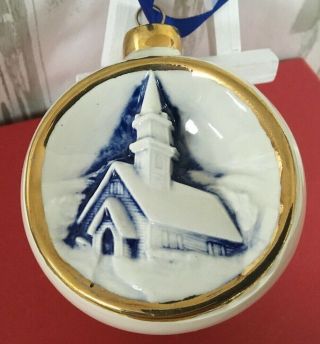 Vintage Duncan Ceramic Christmas Ball Ornament Blue & White Winter Church Scene
