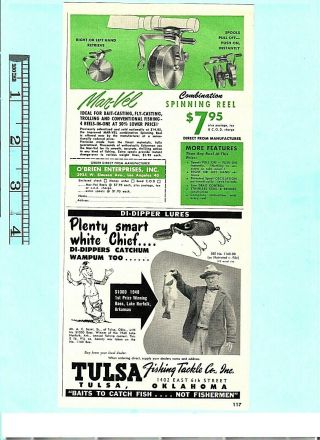 Vintage 1950 Tulsa Fishing Tackle Di - Dipper Bee Lure,  Mar - Vel Reels Ad