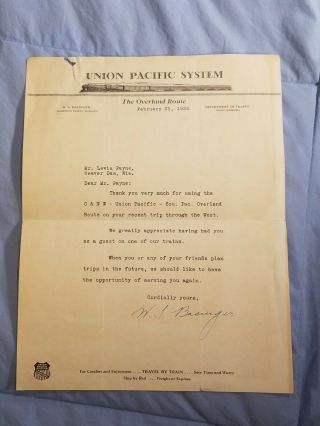 Vintage 1935 Union Pacific System Railroad Thank You Letter Train Letterhead