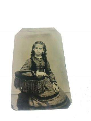 Antique Civil War Era Tintype Photograph Of A Young Girl Holding A Picnic Basket
