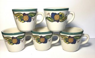 Set Of 5 Vintage Homer Laughlin Restaurant Style Cups Blue Green Gold Design 3 "