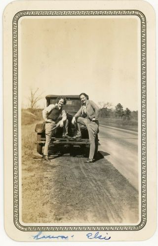 1934 Vtg Photo 2 Women Posing W/ Foot On Bumper Of Very Old Hand Crank Start Car