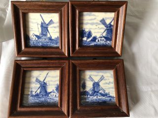 Vintage Antique Dutch - Holland Delft Blue Windmill Framed Mini Tiles
