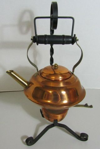 Vintage Coppercraft Guild Copper Tea Pot w/ Wrought Iron Stand & Warmer 2