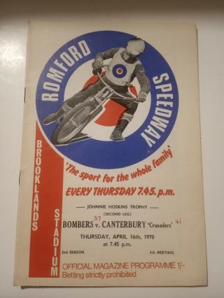 Vintage Speedway Programme Romford Bombers V Canterbury Crusaders 16th Apr 1970