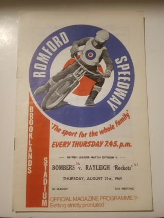 Vintage Speedway Programme Romford Bombers V Rayleigh Rockets 21st August 1969