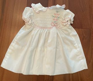 Vintage Polly Flinders White & Pink Smocked Baby Girls Dress Size 12 Months