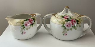 Antique Nippon Hand Painted Pink Roses With Gold Trim Sugar And Creamer