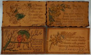 4 Antique Leather Postcards Inspirational Loving Sayings Posted 1907