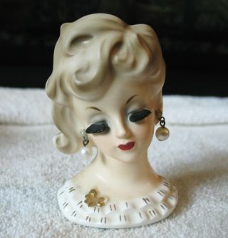 Lady Head Vase Napco Teen Girl 3 1/2 " Blond With Pearl Earrings,  Closed Eyes Euc