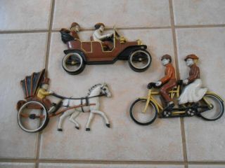 Set 3 Vintage Homco Wall Plaques Trio 1975 Antique Car Horse Carriage Bicycle