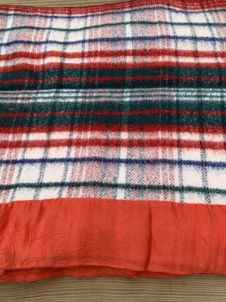 Chatham Blanket Wool Blend Satin Trim Finish Red Plaid 72x77” Vintage