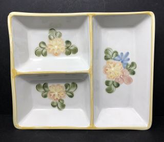 Louisville Stoneware Country Flower Yellow 3 Section Divided Serving Relish Dish