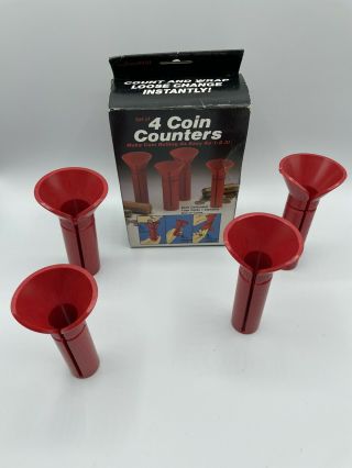 Vintage Set Of 4 Coin Counters Red Funnel Tubes By Sun Hill Made In Usa