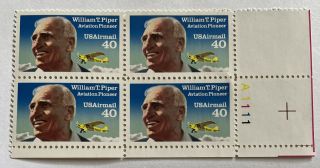 1991 William T Piper Aviation Pioneer C132 40c Us Airmail Plate Block Mnh