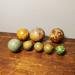 Set Of 8 Antique Clay Bennington Marbles Brown & Green From 1/2 " - 1 "