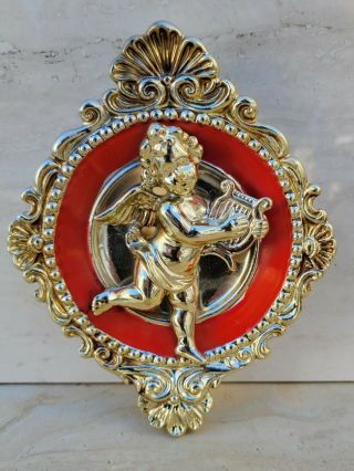Vintage Victorian Ceramic Angel With Harp Wall Decoration Ornament Gold Red
