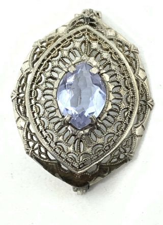 Antique Vintage Silver Plated Faceted Blue Filigree Brooch Pin