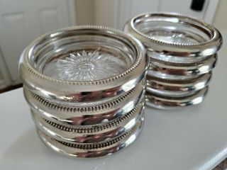 8 Vintage Round Pressed Glass Silver Plated Rimmed Coasters By Leonard Silver