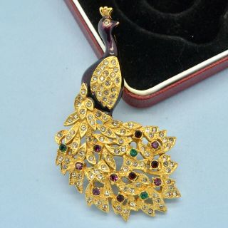Vintage Peacock Brooch 1960s Purple Enamel & Crystal Goldtone Bridal Jewellery