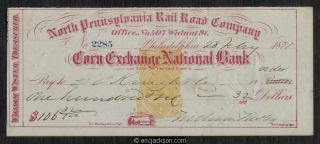 Bank Check Rn - B1 Philadelphia,  Pa Corn Exchange National Bank North Pa Rail Road