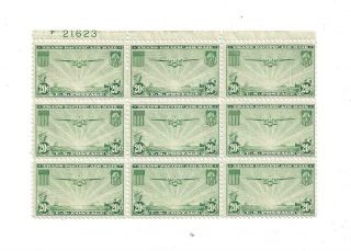 U S Stamps Scott C21 Twenty Cent Airmail Plate Block Of 9 Cv 115.  00