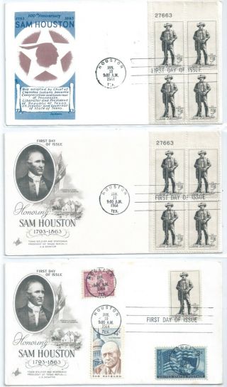 (3) Us Fdc 1242 Plate Blk Sam Houston Combo Jackson Artcraft First Day Covers Ua