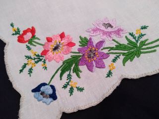Vintage Hand Embroidered Tray Cloth Centre Piece Gorgeous Anemones