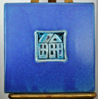 Michael Cohen Cobalt Blue Tile Art W/ House Design Trivet Handmade Ceramic 2002