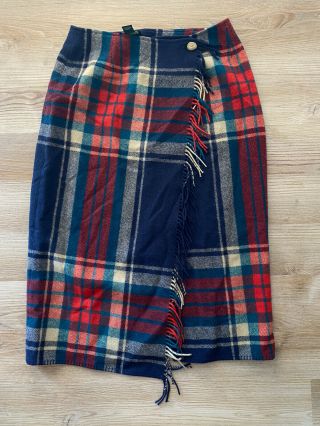Vtg 80s 90s Ralph Lauren Green Tag Country Blanket Wrap Skirt Wool Fringe