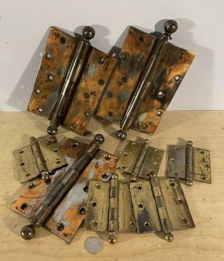 Three 7 " By 5 " Three 3 1/2 " & Two 4 " Antique Vtg Steel Ball Tip Hinges