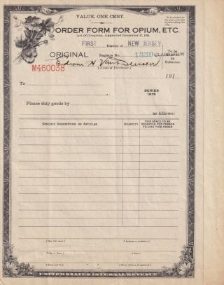 Order Form For Opium,  Etc.  Series Of 1915,  And Duplicate,  Not Separated
