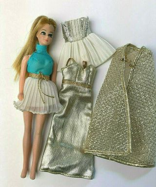 Vintage 1970 Topper Dawn Doll In Blue & White Halter Dress Dinner Skirt