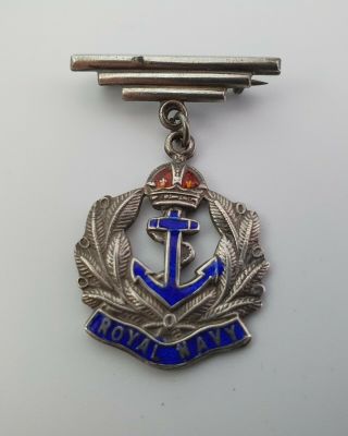 Vintage Royal Navy Military Sterling Silver & Enamel Brooch Badge Medal