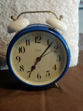 Vintage Sheffield West Germany Blue White Large 8 In Wind Up Alarm Clock