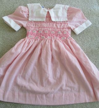 Polly Flinders Vintage Girls Hand Smocked Dress Size 6 Pink & White Pinstriped