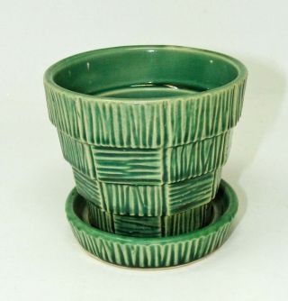 Vintage Mccoy Pottery Small 3 1/4” Green Basketweave Flower Pot