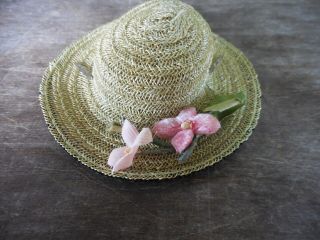 Vintage Vogue Ginny Doll Green Straw Hat Pink Flowers Black Edge Muffie Alex