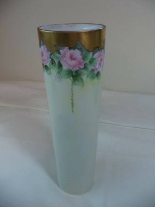Vintage Bavaria,  Hand Painted Cylindrical Porcelain Vase,  Gold Leaf,  Pink Roses