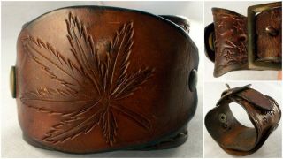 Vintage 1960s Tooled Leather Wrist Cuff Band Pot Leaf Biker Punk Johnny Depp