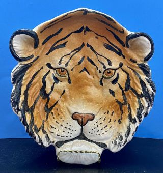 Vintage 3d/raised Tiger Face Bowl Dish Made In Italy 10 In X 9 In X 2.  25 In