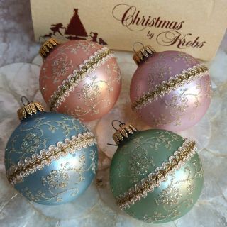 Vintage Christmas Tree Ornaments By Krebs Set Of 4 Pastel Gold Glitter Trim Lace