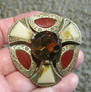 Large Vintage Signed Miracle Scottish Celtic Agate Citrine Glass Brooch Kilt Pin
