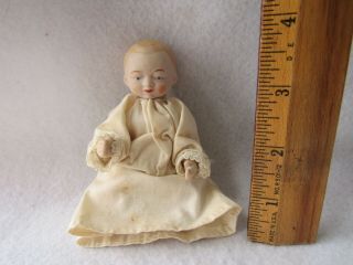 Vintage Bisque Jointed Baby Doll 4 1/4 " Tall Bsco Japan Blonde Hair Blue Eyes