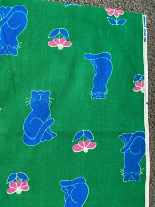 Vtg 70s 80s Spring Mills Blue Cats Cotton Fabric Floral Retro Arts Crafts Sewing