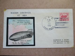 Naval Cover 1935 " Hand Drawn Cachet In Memoriam Of U.  S.  S.  Macon Crashed At Sea