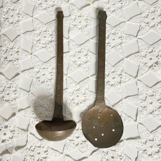 Vintage Handmade Copper Strainer Spoons Ladle Embossed
