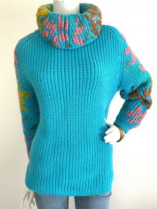 Vintage 80s - 90s Turtleneck Sweater Chunky Knit Needlepoint Look Japan S - M Guc