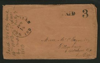 Martinsville Indiana 1853 Stampless Envelope,  Handstamped Paid 3